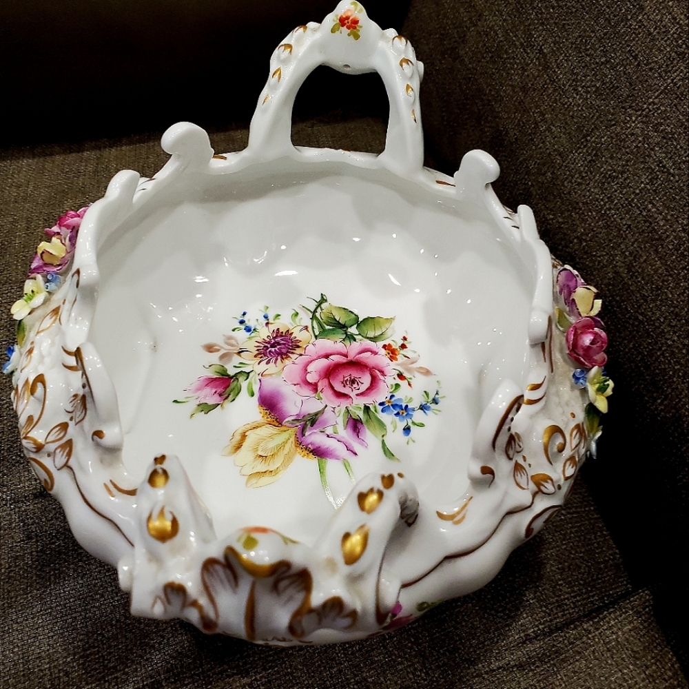Floral Romanian Porcelain Footed Decorative Bowl with Hand Holds.